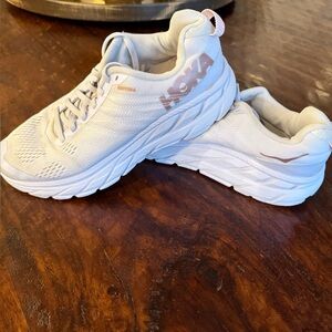 Hoka Women's Bondi 8.5 White/Cream Athletic Shoes with Rose Gold accent.